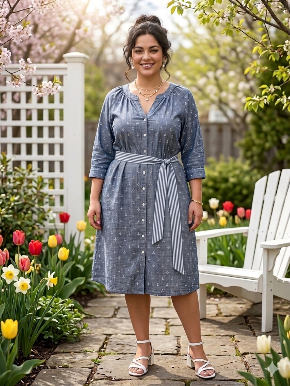 Hatley Blue Anchor-Print Midi Dress with Striped Tie Belt